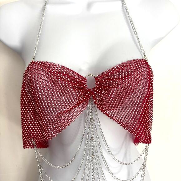 Mesh Chain Halter Top Rave Festival One Size- Red - Picture 2 of 3